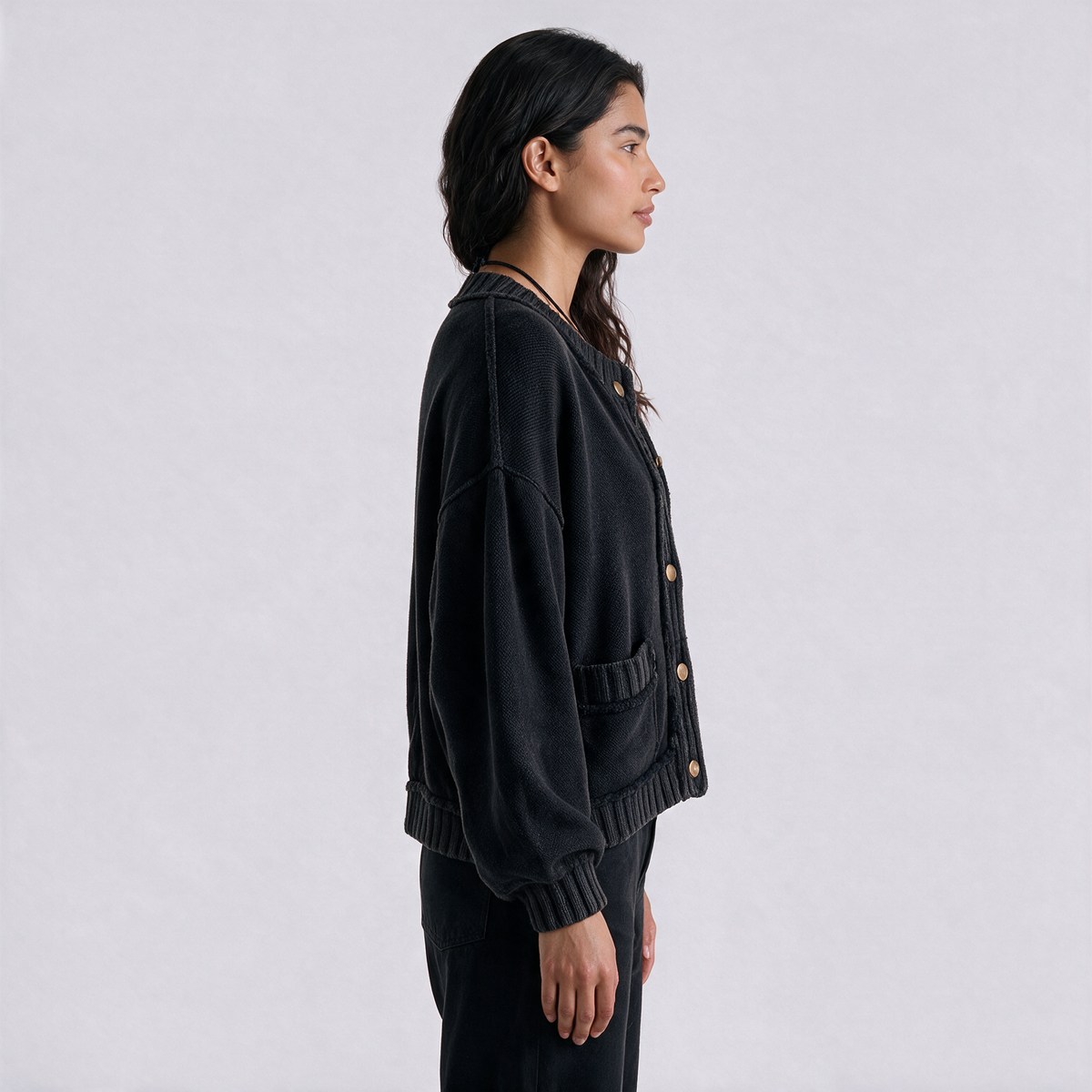 Cárdigan Punto Mujer Manga Larga - Negro - Lateral