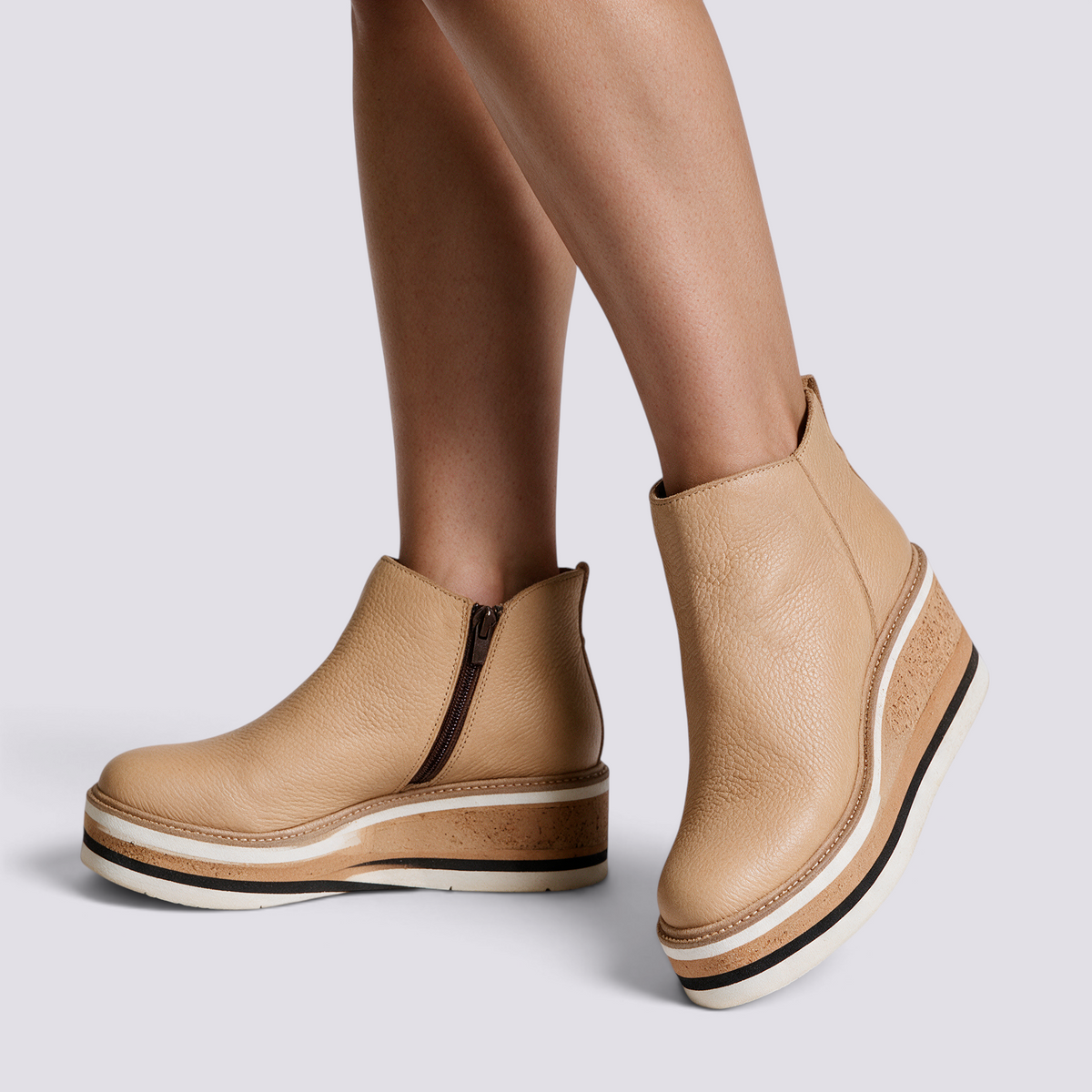Botines Planos con Cremallera Lateral Mujer - Marrón Claro - Vista Lateral