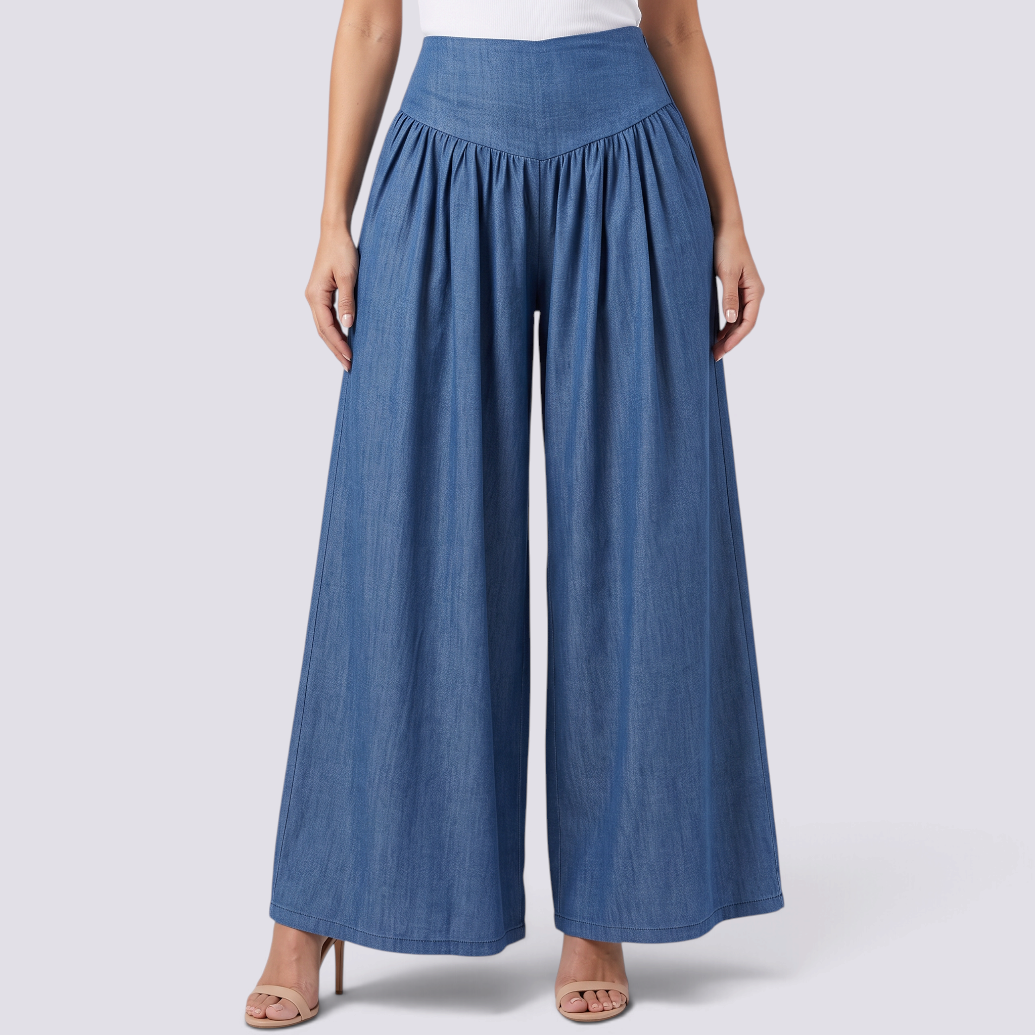 Pantalón palazzo mujer extra ancho con frunces en azul vaquero, vista frontal