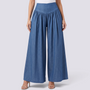 Pantalón palazzo mujer extra ancho con frunces en azul vaquero, vista frontal