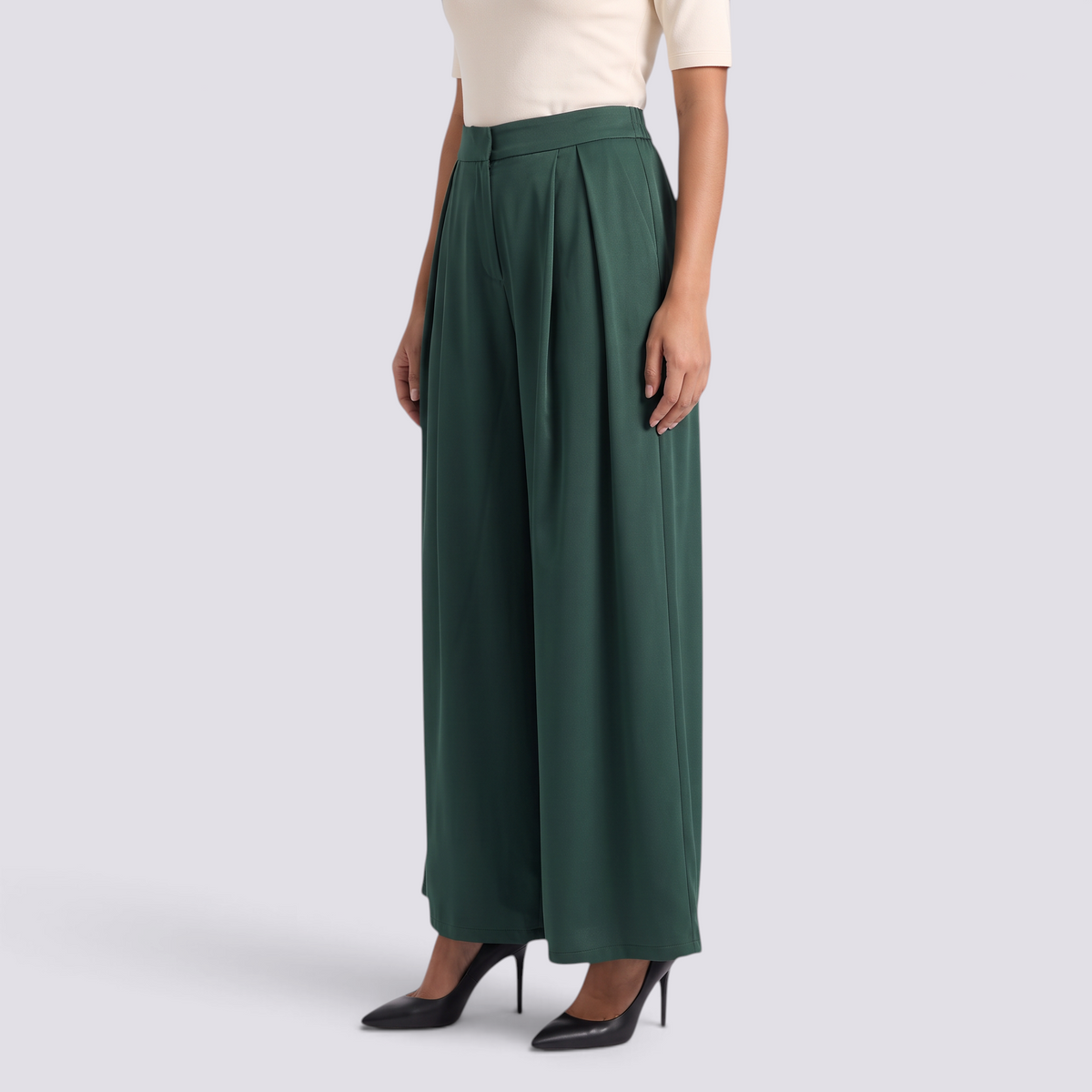 Pantalón Palazzo Plisado Mujer - Verde - Perfil