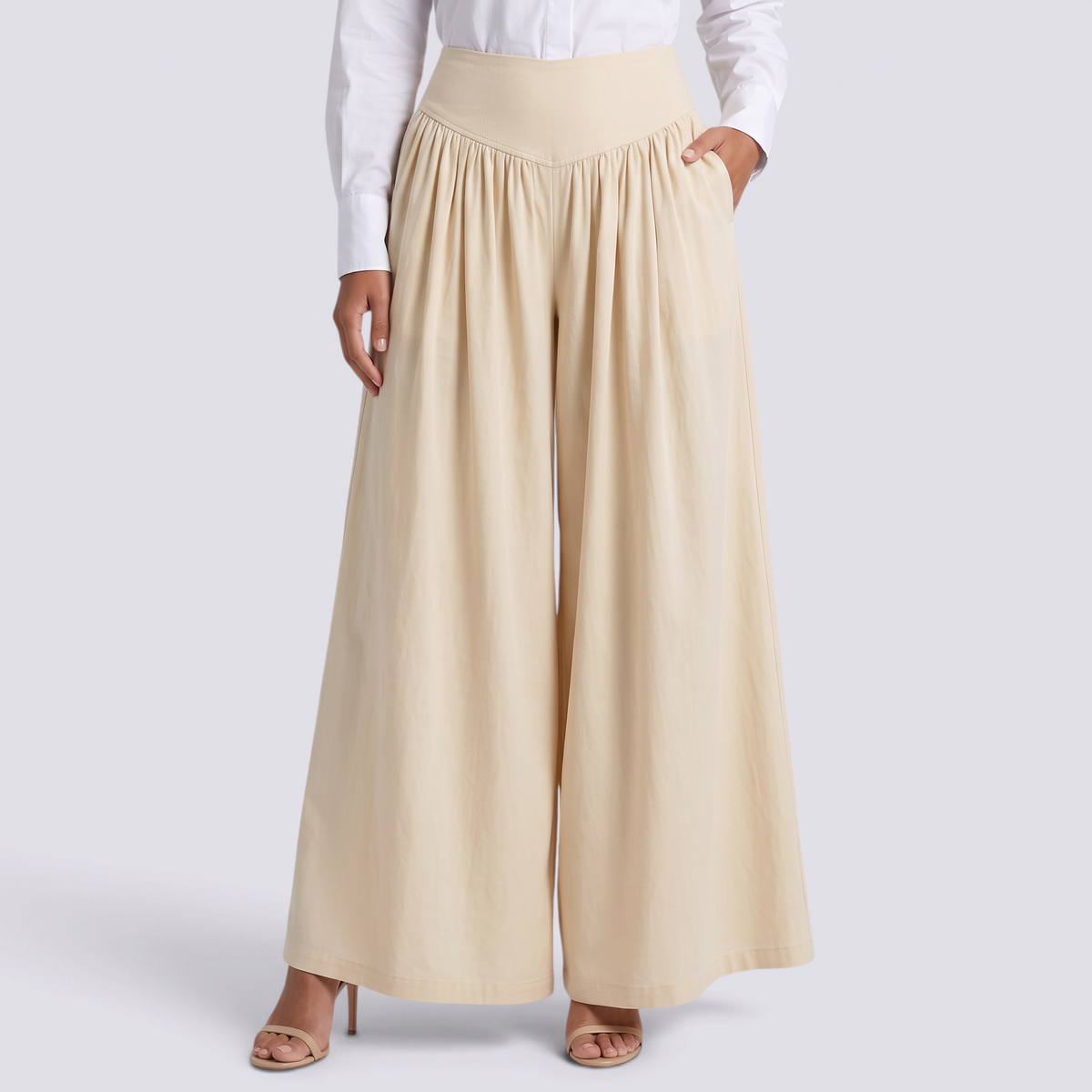 Pantalón palazzo mujer extra ancho con frunces en albaricoque, vista frontal