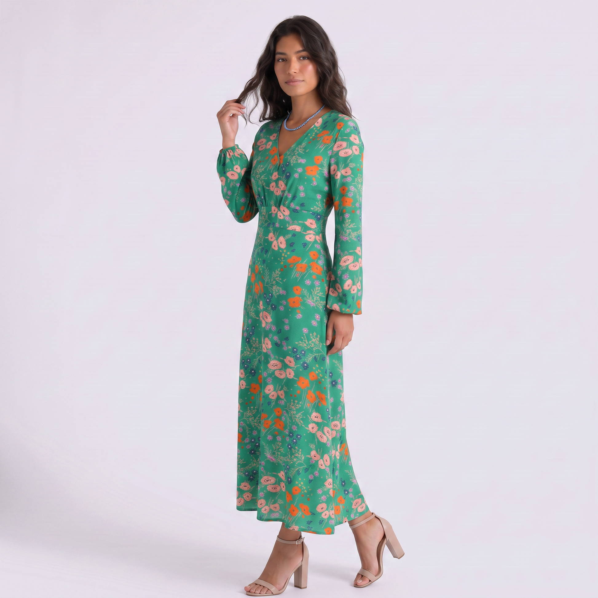 Vestido Largo Estampado Escote V Manga Larga - Verde - Vista Lateral