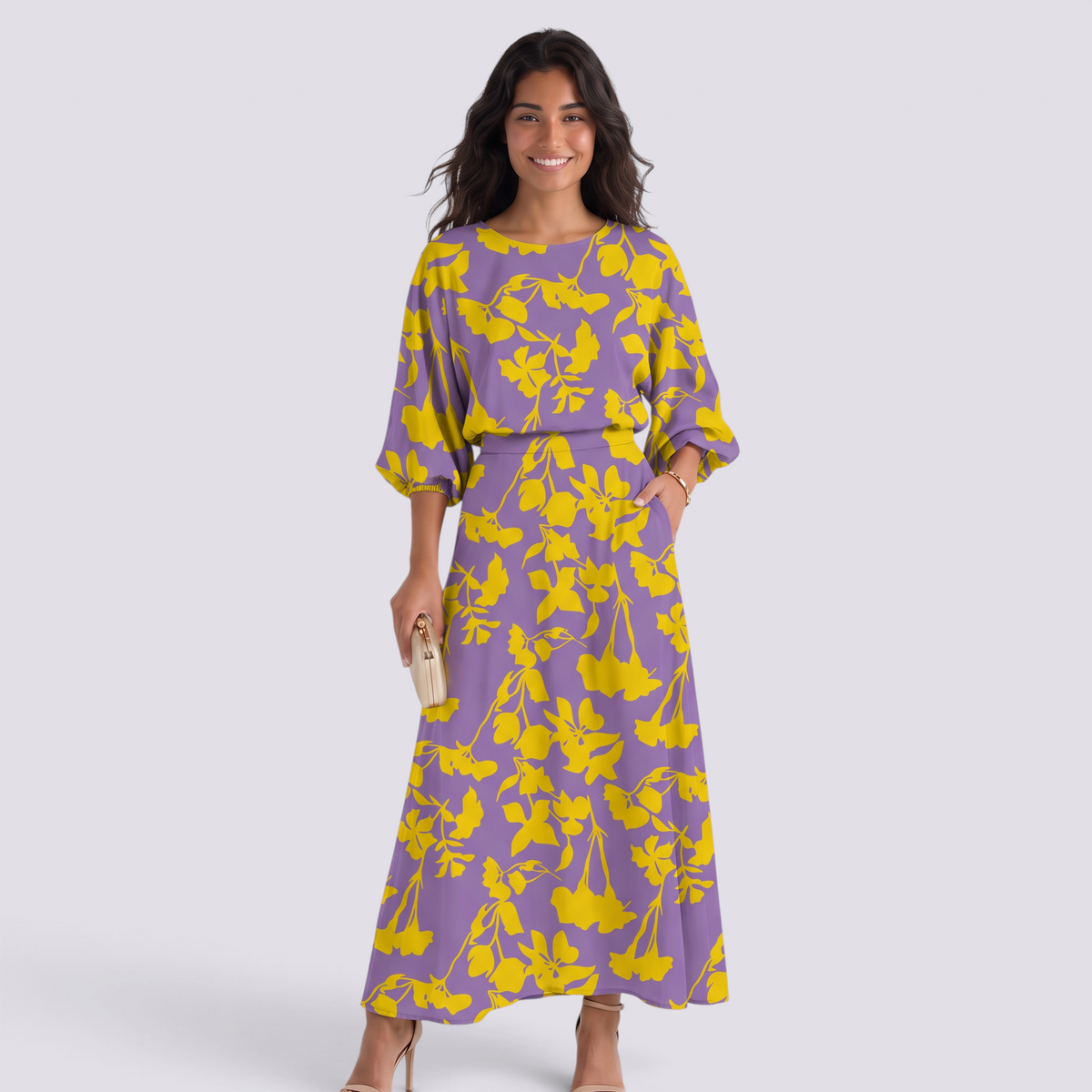 Conjunto Estampado Top y Falda Mujer - Morado y Amarillo - front