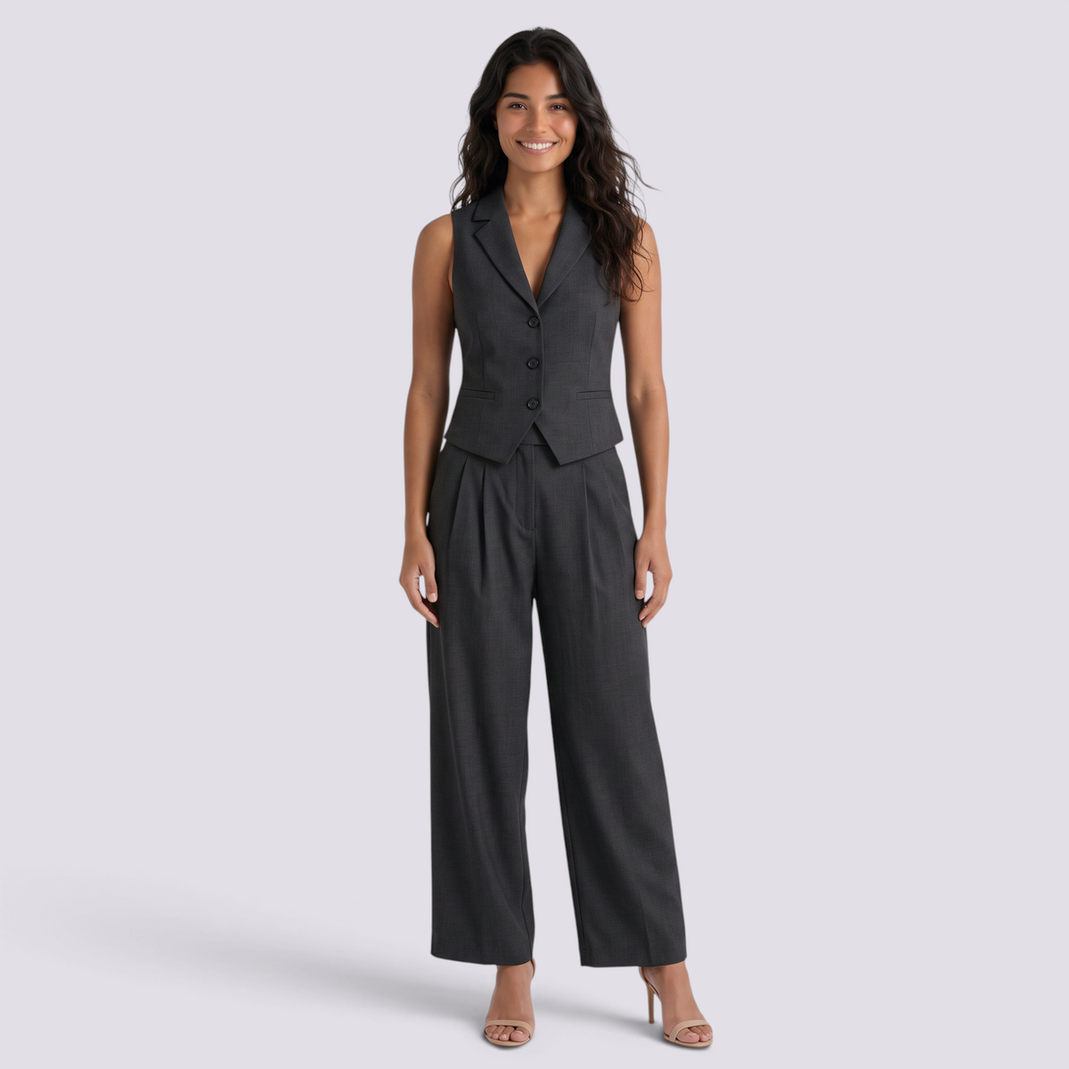 Conjunto Chaleco Sin Mangas Mujer Pantalon Ancho - Black Front