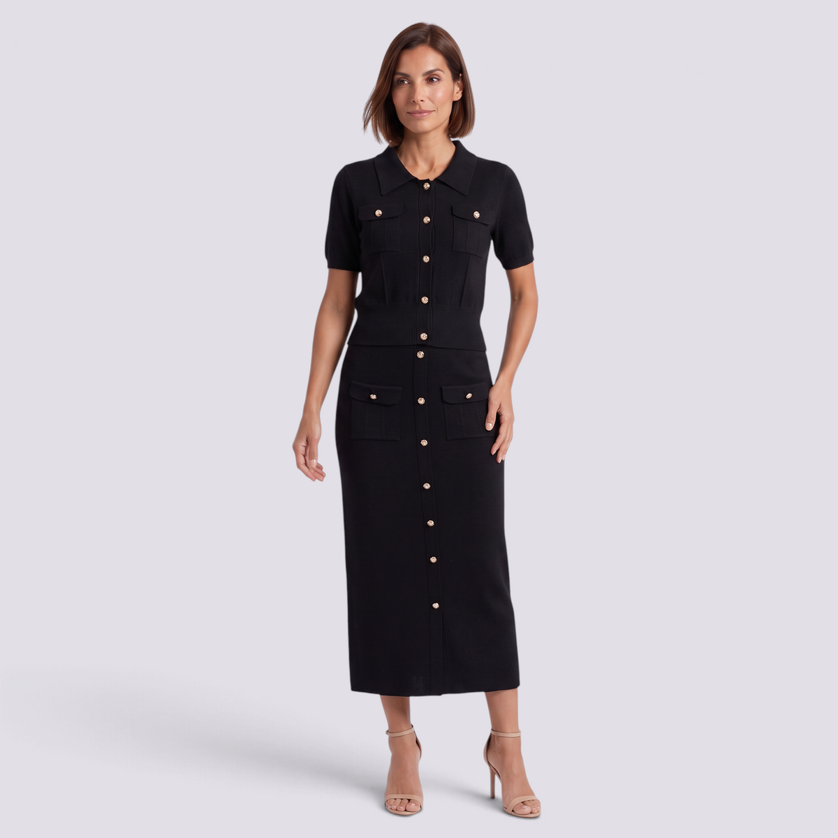 Conjunto punto mujer polo y falda con botones, negro, vista frontal