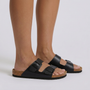 Sandalias planas mujer hebilla doble corcho negro vista lateral
