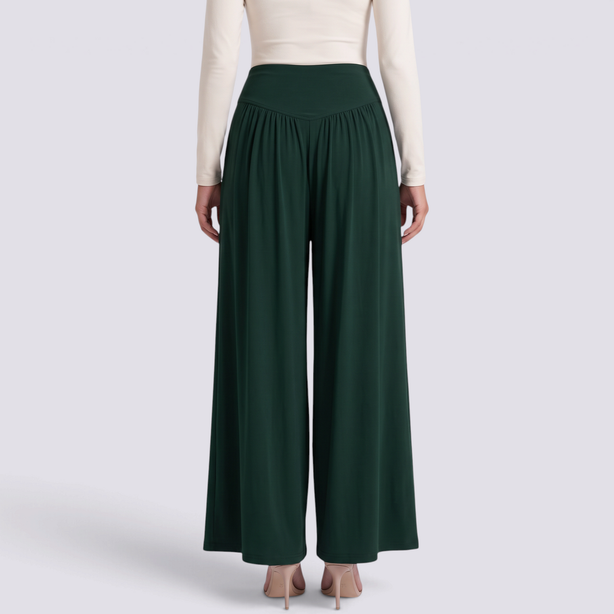 Pantalón palazzo mujer extra ancho con frunces en verde oscuro, vista trasera