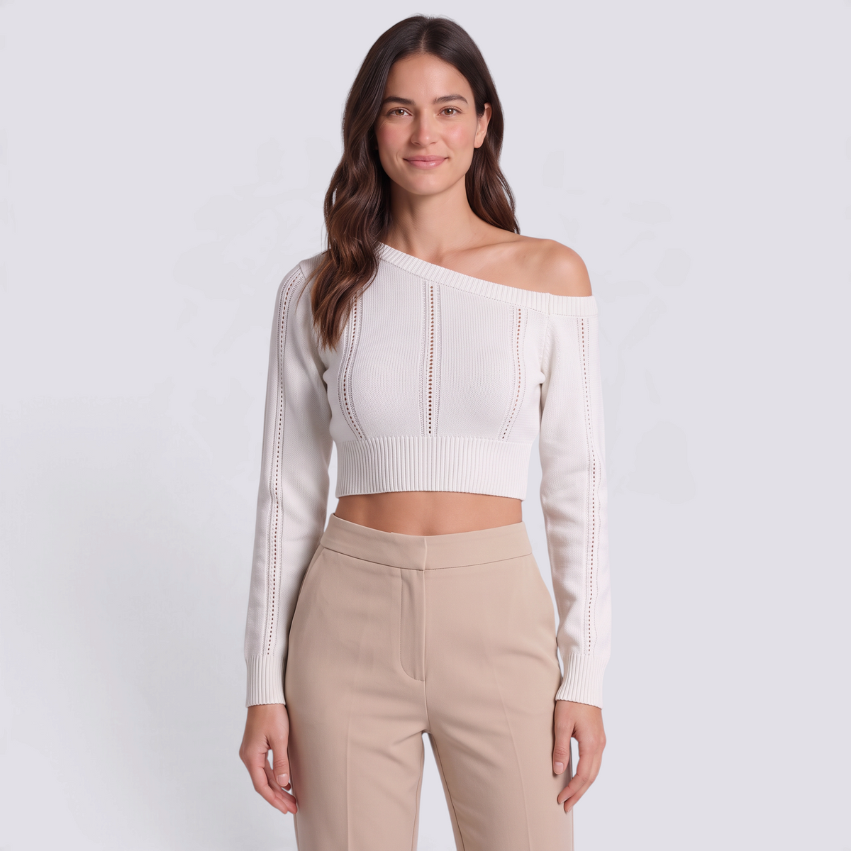 Jersey corto de mujer con hombro descubierto en blanco, vista frontal