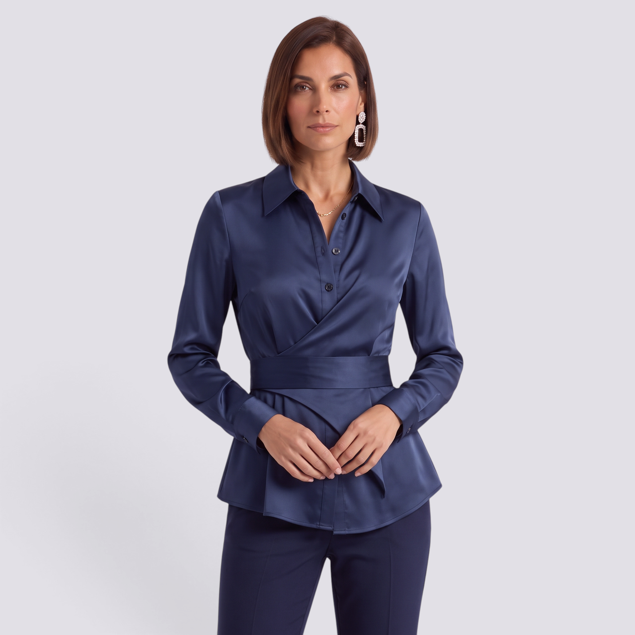 Camisa Satinada Mujer Cinturón Cruzado - Azul Marino - Frontal
