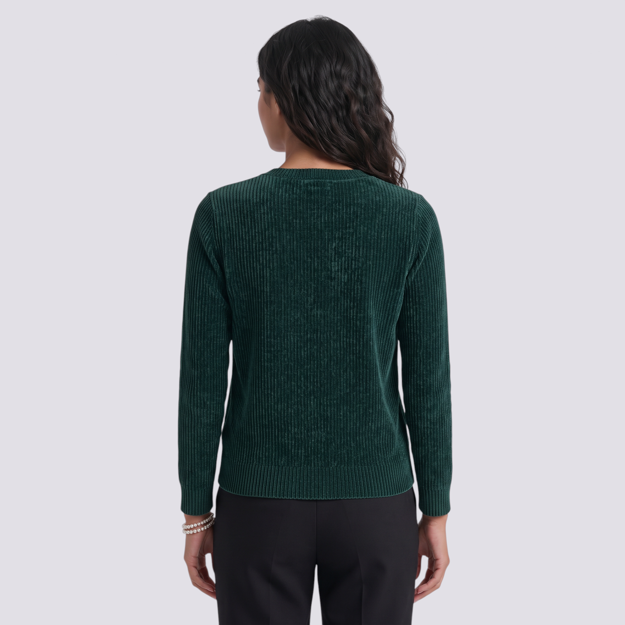 Cárdigan lana mujer cuello redondo - Verde Terciopelo - vista trasera