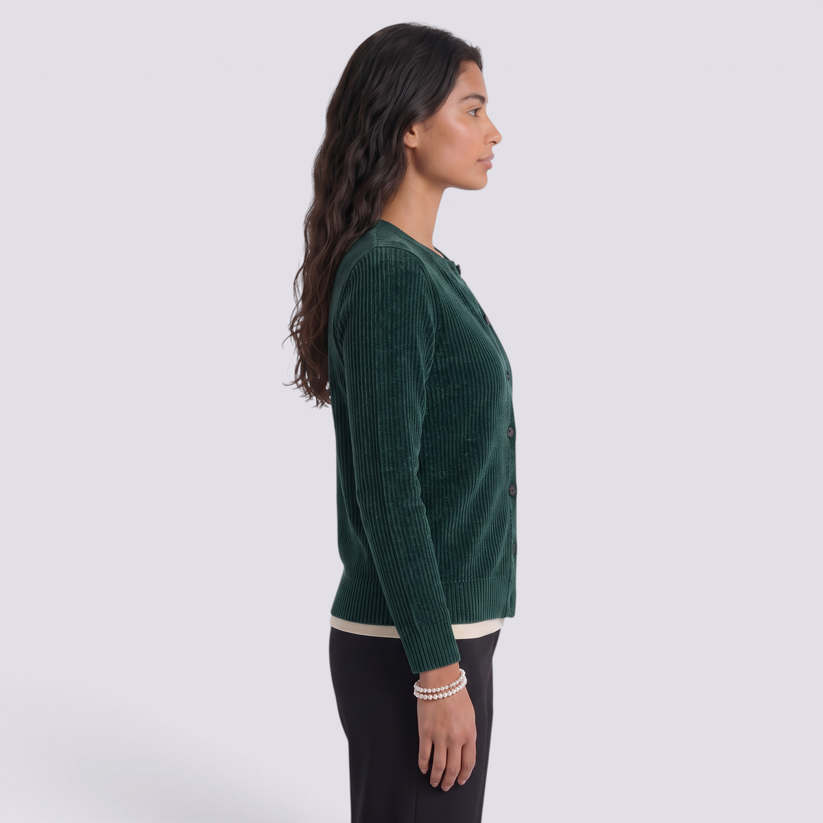 Cárdigan lana mujer cuello redondo - Verde Terciopelo - vista lateral