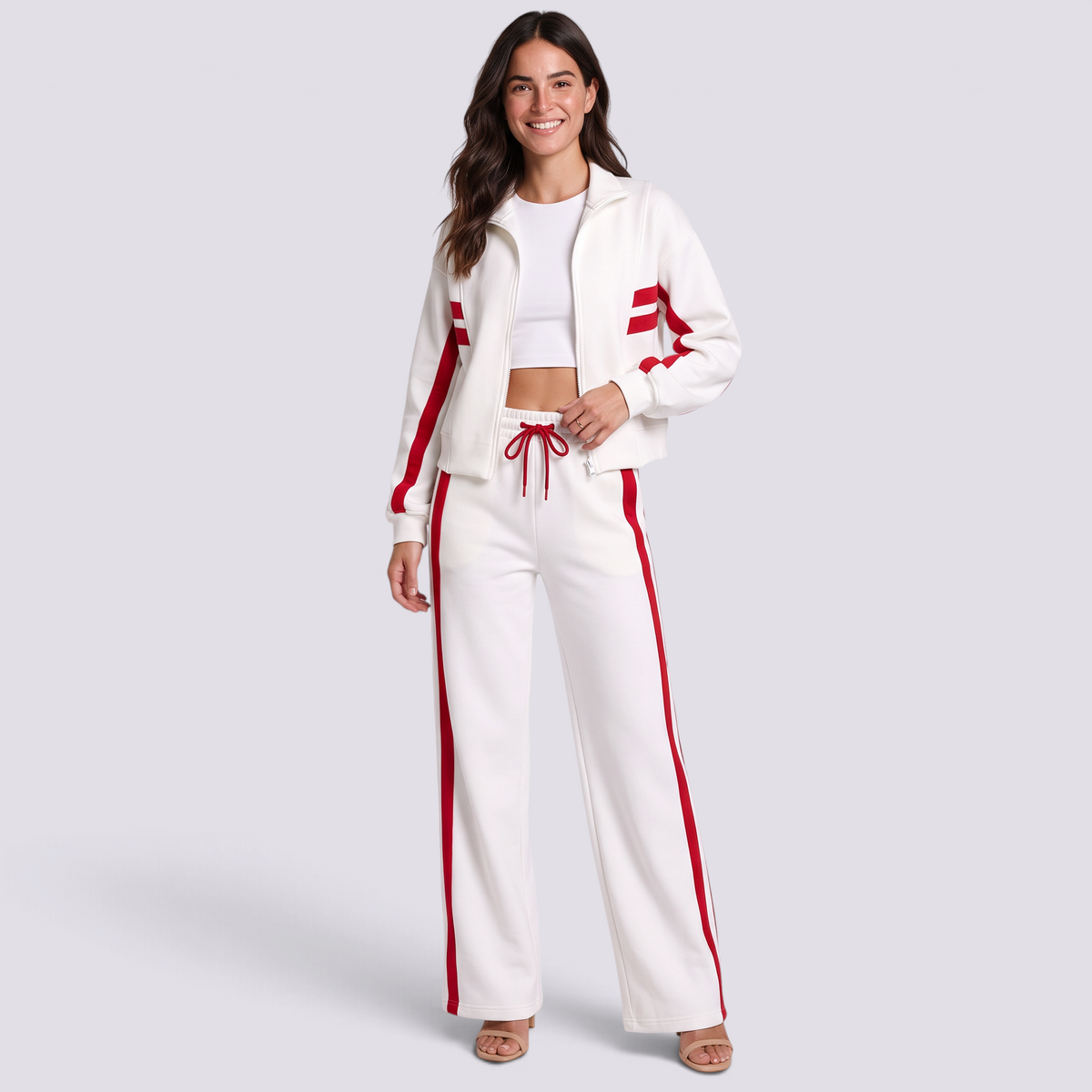 Chándal Mujer Dos Piezas con Cremallera y Rayas Blanco vista frontal