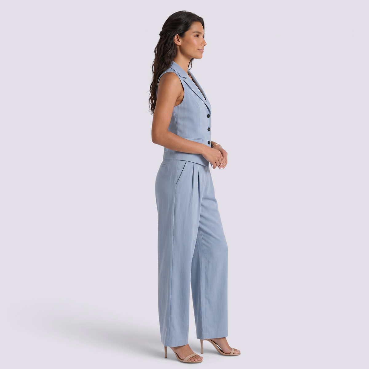 Conjunto Chaleco Sin Mangas Mujer Pantalon Ancho - Light Blue Side
