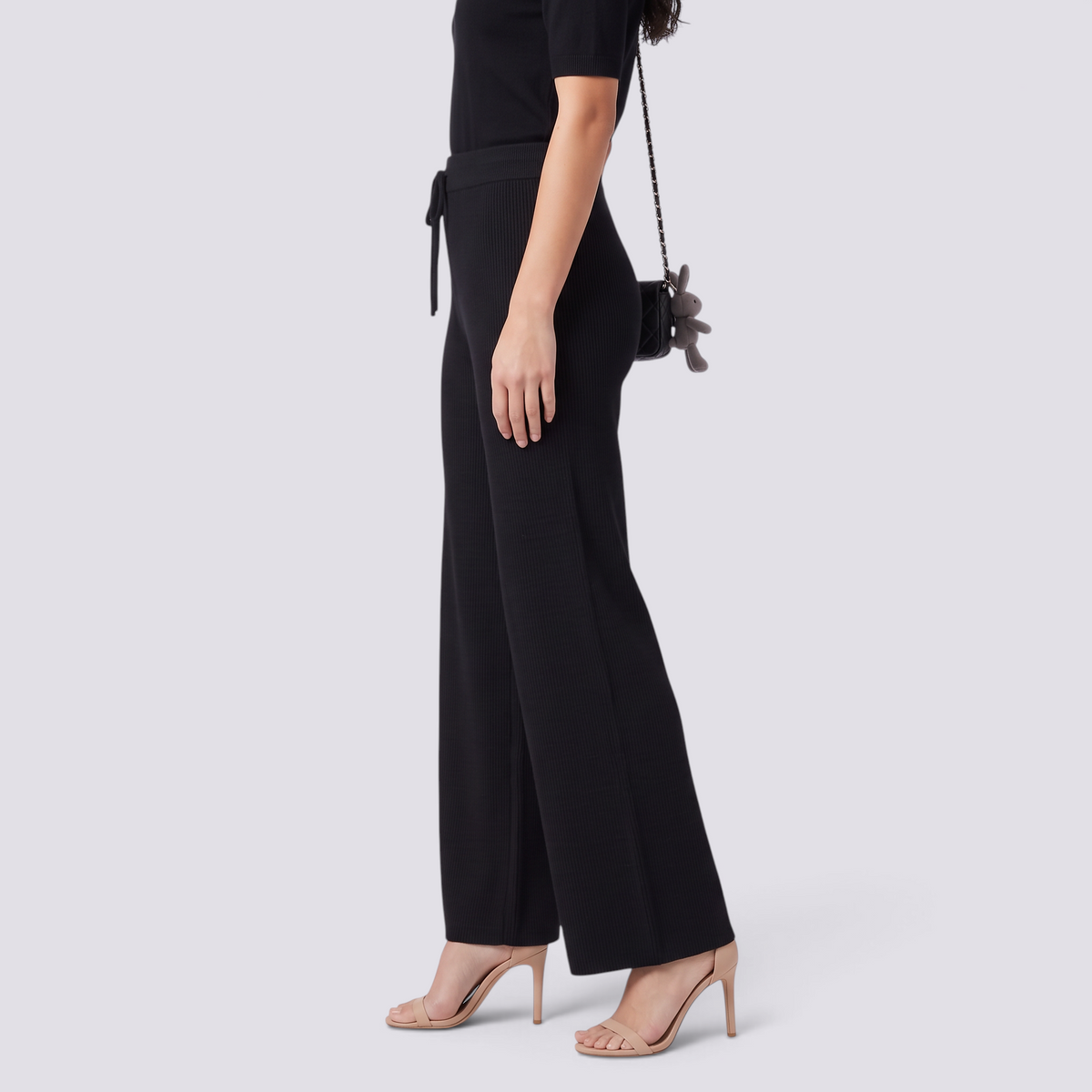Pantalón Punto Ancho Mujer Cintura Alta - Negro - Lateral