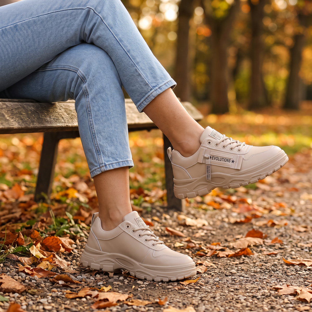 Zapatillas deportivas de mujer con plataforma en crema, look otoñal sentada en un banco del parque