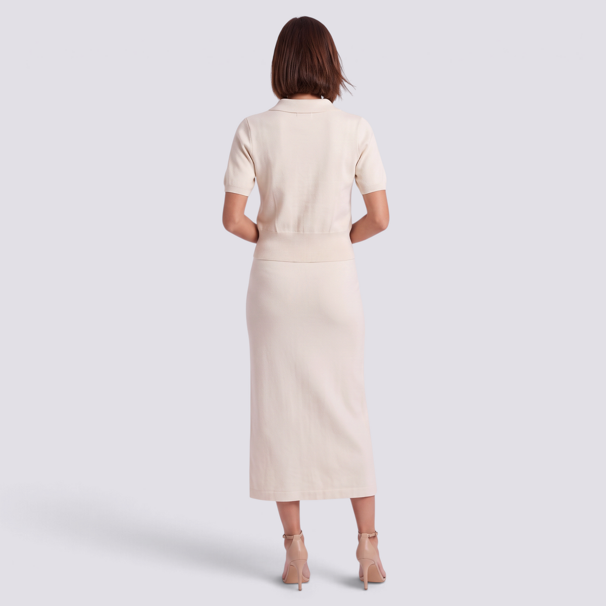 Conjunto punto mujer polo y falda con botones, blanco crema, vista trasera