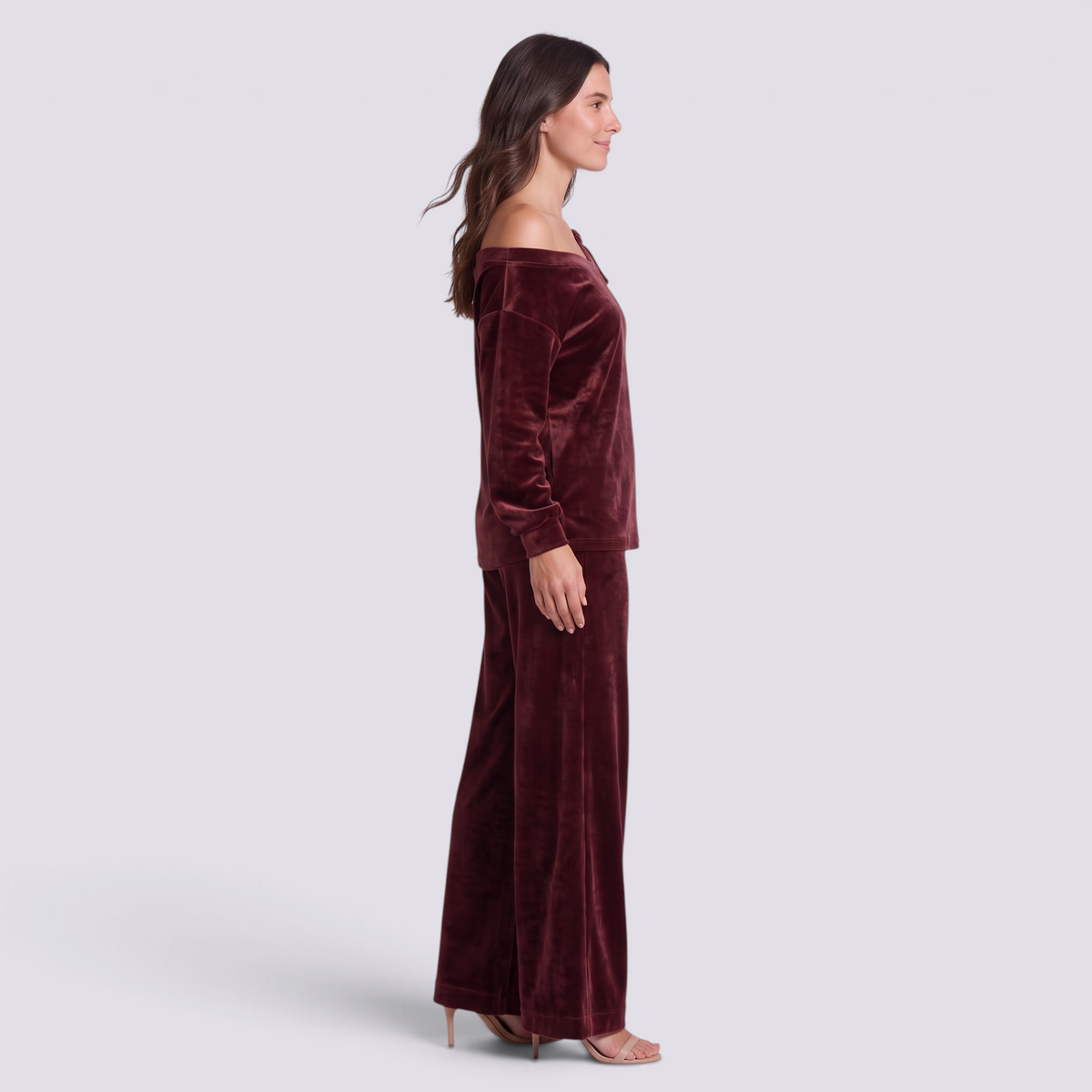 Conjunto Mujer Hombro Asimétrico y Pantalón Ancho - Burdeos - lateral