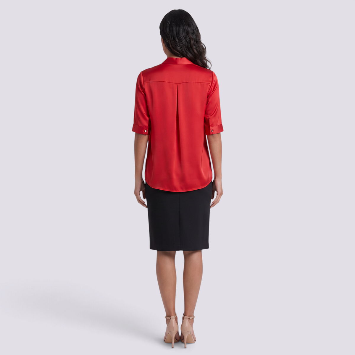 Blusa mujer cuello en V con lazo colgante y manga media en rojo, vista trasera
