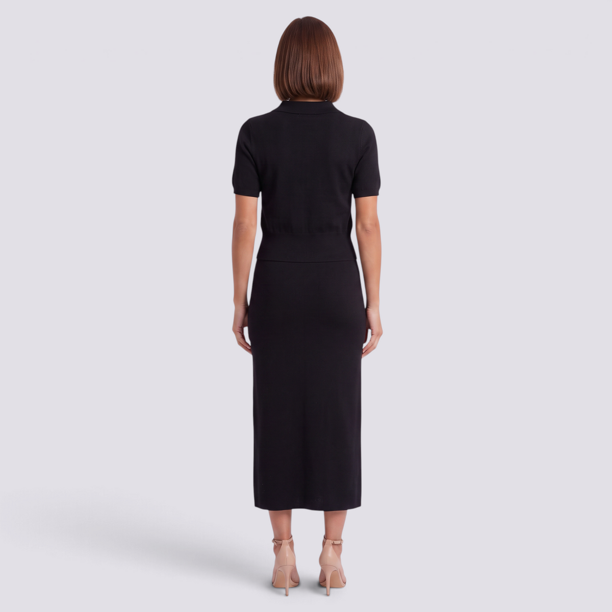 Conjunto punto mujer polo y falda con botones, negro, vista trasera