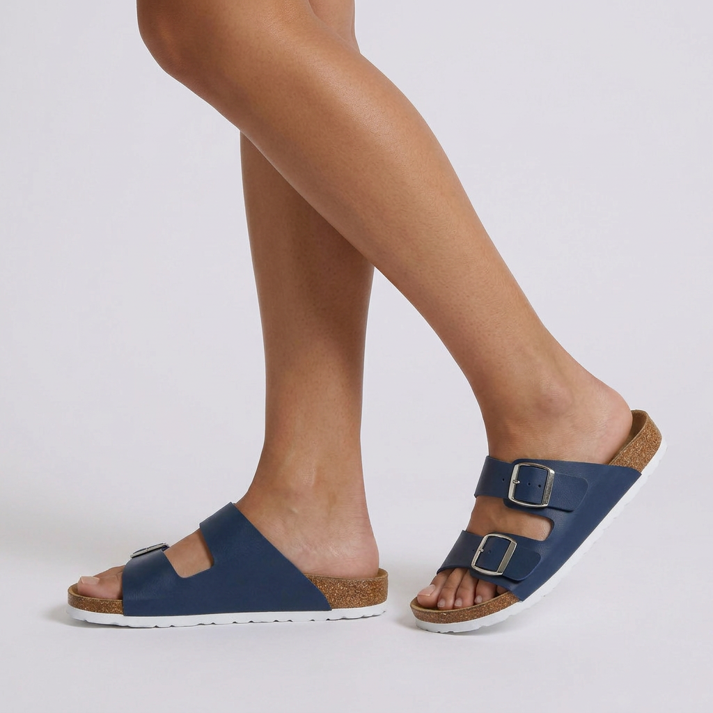 Sandalias planas mujer hebilla doble corcho azul marino vista lateral