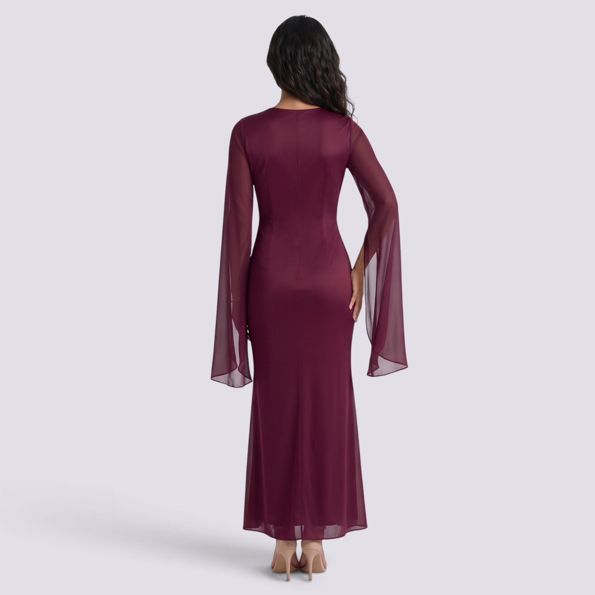 Vestido largo mujer manga acampanada satinado - Rojo - vista trasera