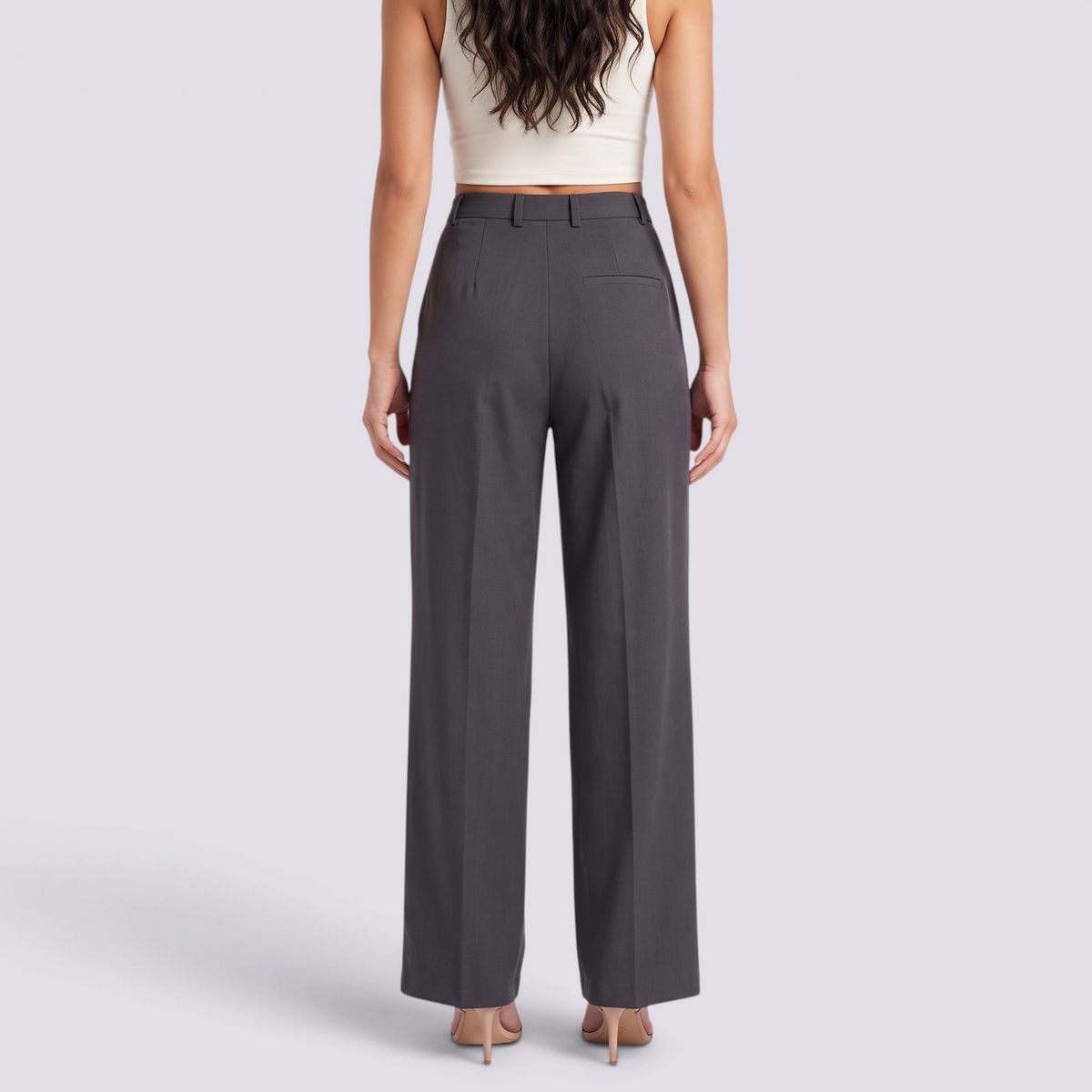 Pantalón gris oscuro mujer pierna ancha con pinzas, vista trasera