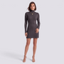 Vestido mini de punto canalé color gris con cuello alto, vista frontal