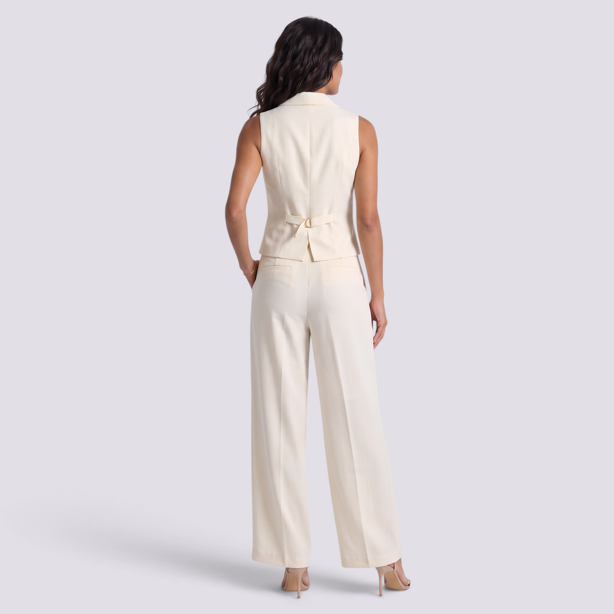 Conjunto Chaleco Sin Mangas Mujer Pantalon Ancho - Offwhite Back