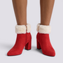 Botines mujer rojos con borde de pelo crema, vista frontal