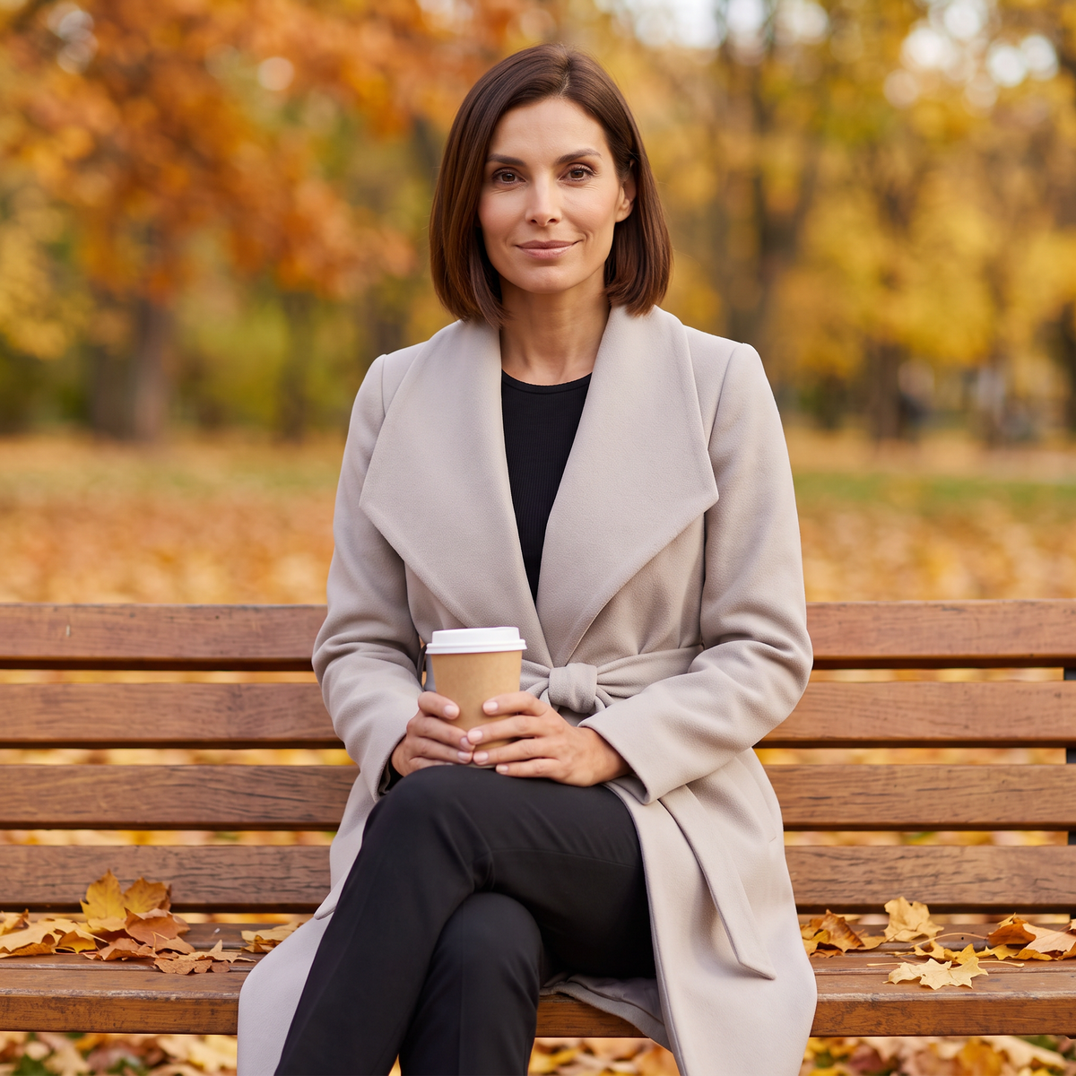 Mujer sentada en un banco de parque en otoño con abrigo largo estilo batín beige de solapa ancha y cinturón