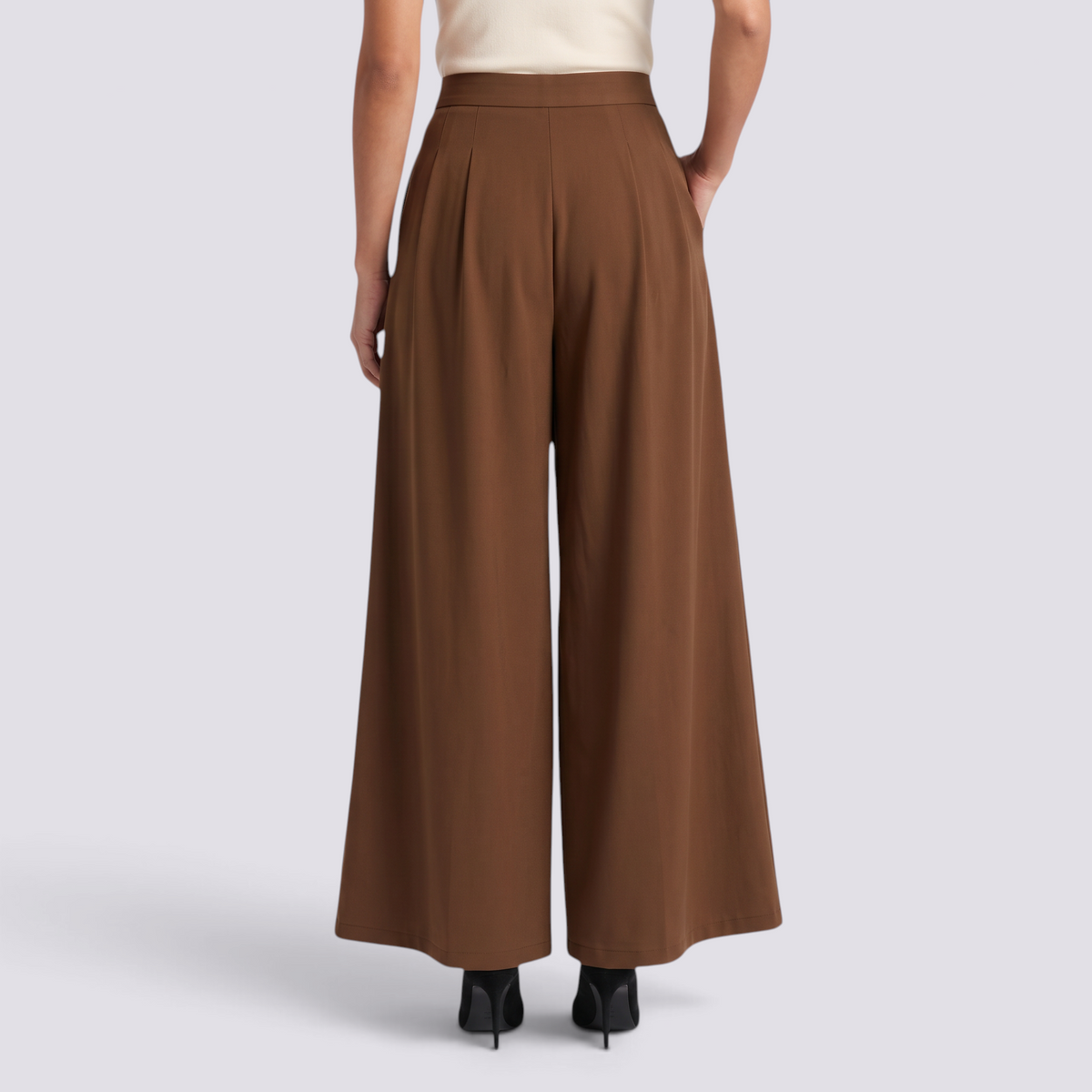 Pantalón Palazzo Plisado Mujer - Marrón - Espalda