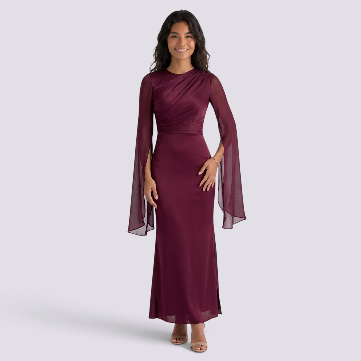 Vestido largo mujer manga acampanada satinado - Rojo - vista frontal