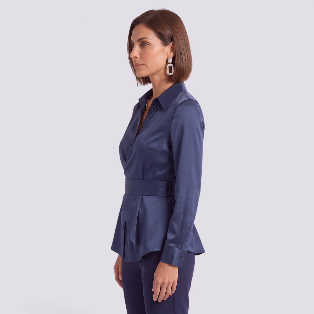 Camisa Satinada Mujer Cinturón Cruzado - Azul Marino - Lateral