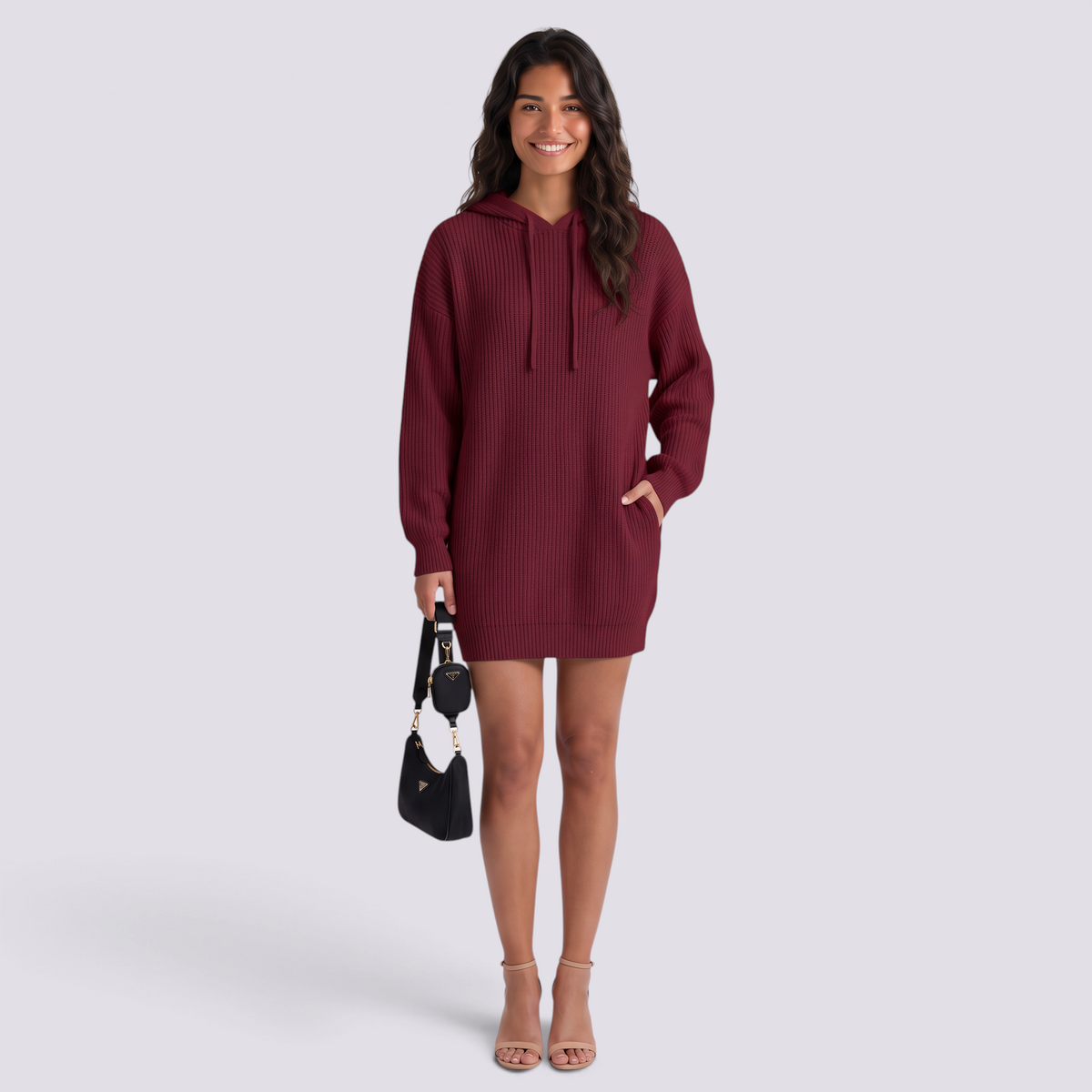 Vestido Punto Capucha Oversize Mujer Manga Larga - Burdeos - Frontal
