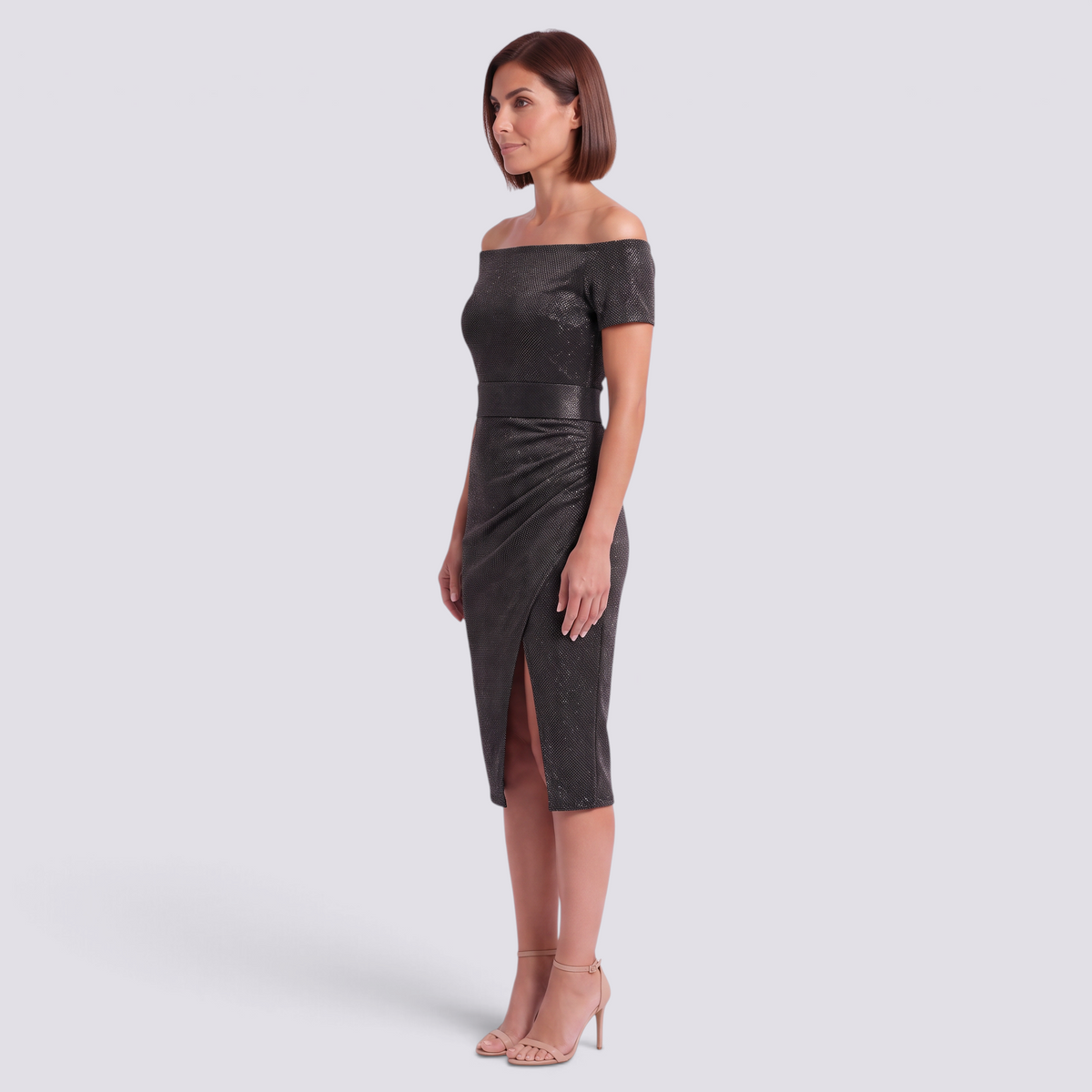 Vestido midi brillante hombros descubiertos negro, vista lateral