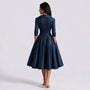 Vestido entallado manga larga color azul marino, vista trasera