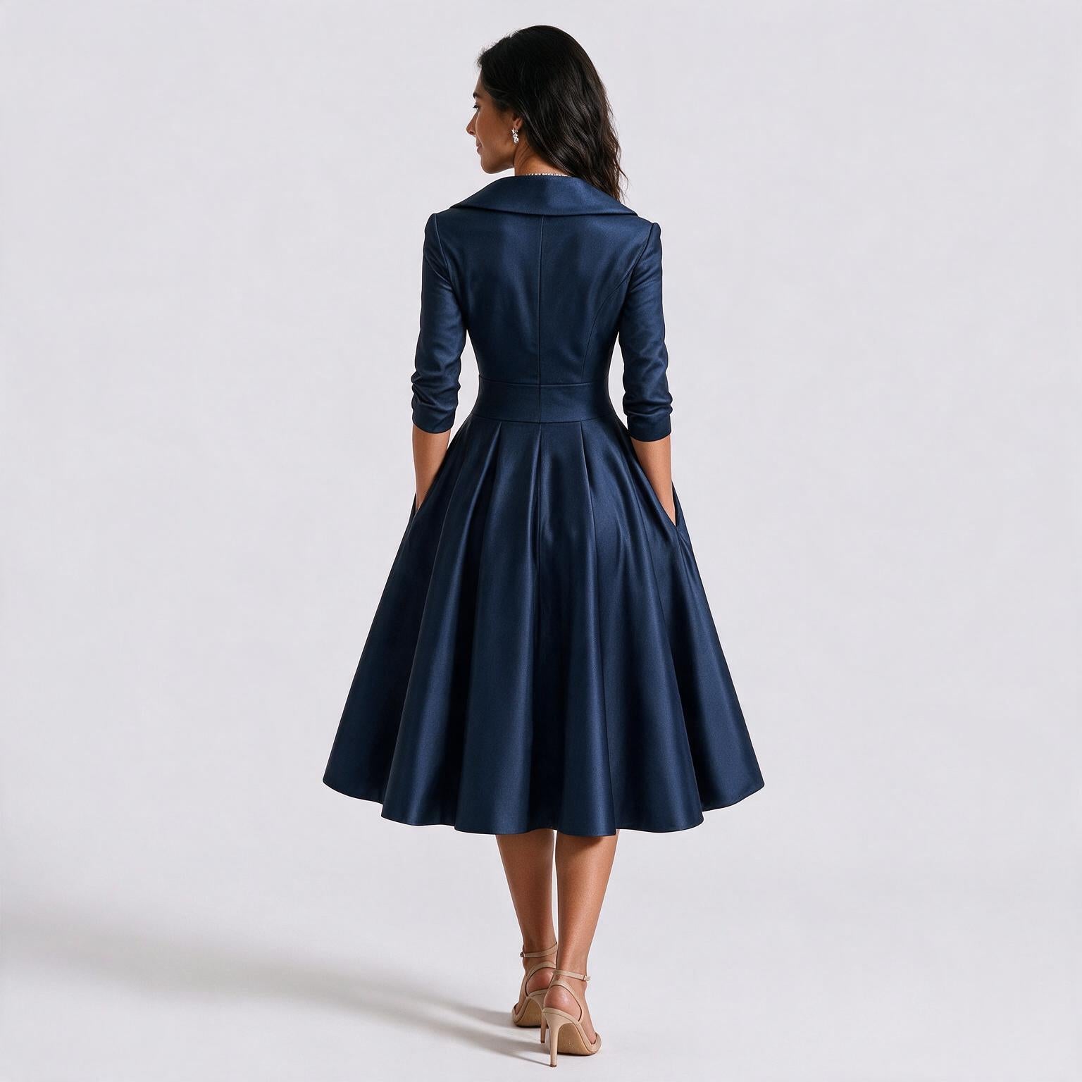 Vestido entallado manga larga color azul marino, vista trasera