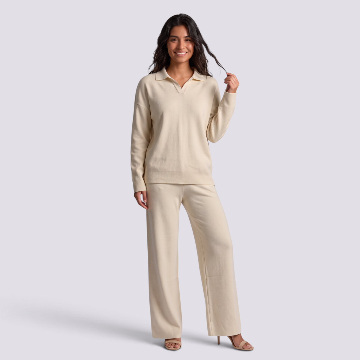 Conjunto Punto Mujer Pantalón Recto - Beige frontal