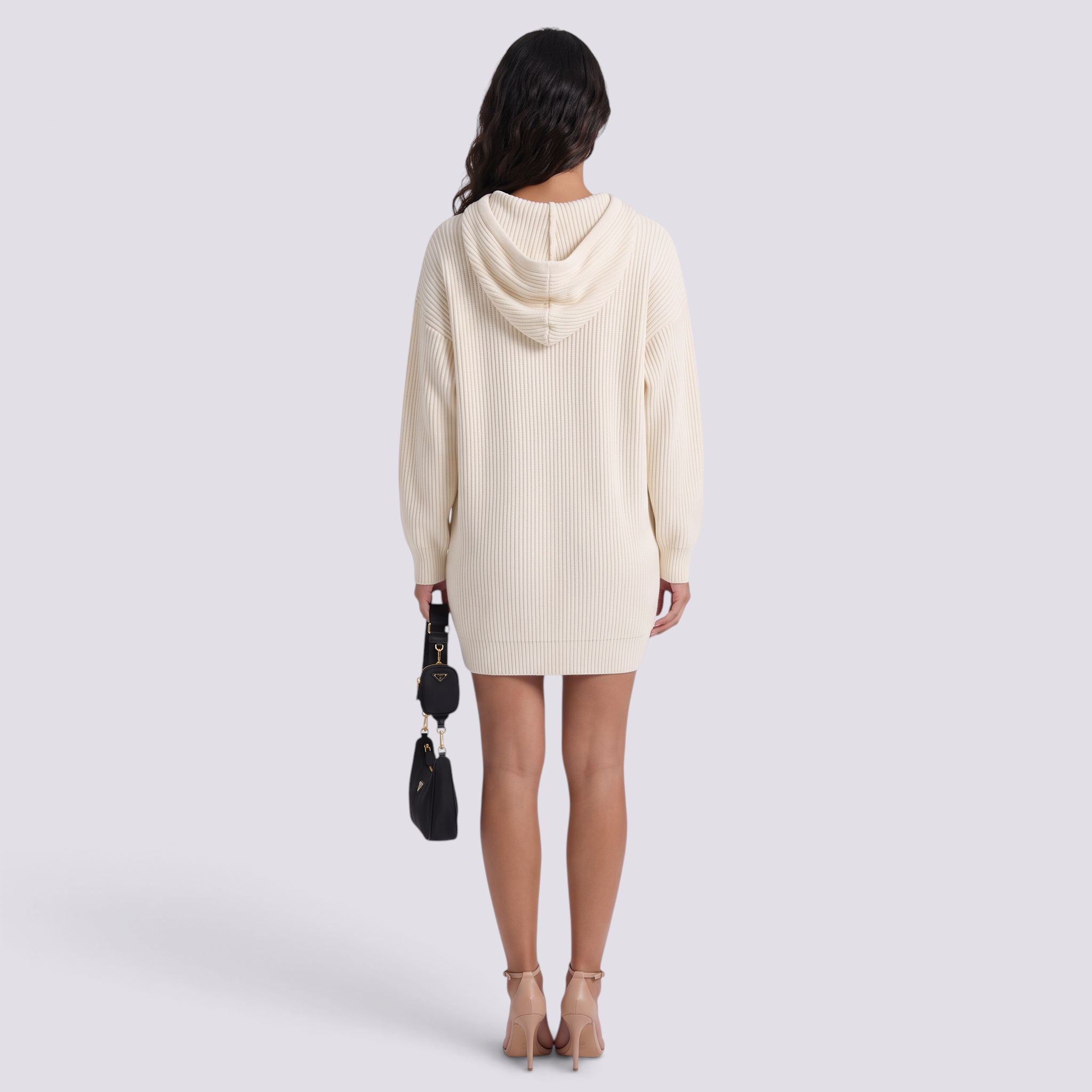 Vestido Punto Capucha Oversize Mujer Manga Larga - Blanco - Espalda