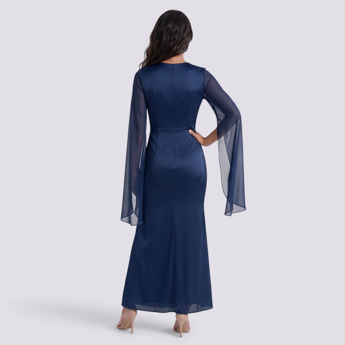 Vestido largo mujer manga acampanada satinado - Azul - vista trasera