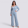 Conjunto Mujer Hombro Asimétrico y Pantalón Ancho - Azul Claro - frontal