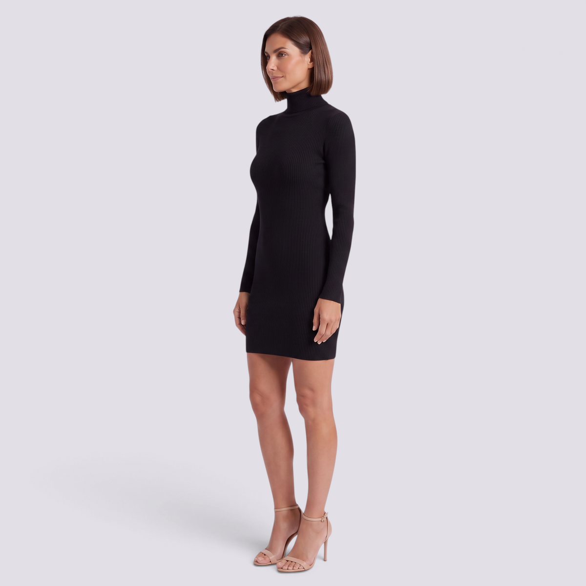 Vestido Mini Canalé Cuello Alto Mujer - Negro - Lateral