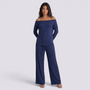 Conjunto Mujer Camiseta Hombros Descubiertos y Pantalón Ancho Azul Marino vista frontal