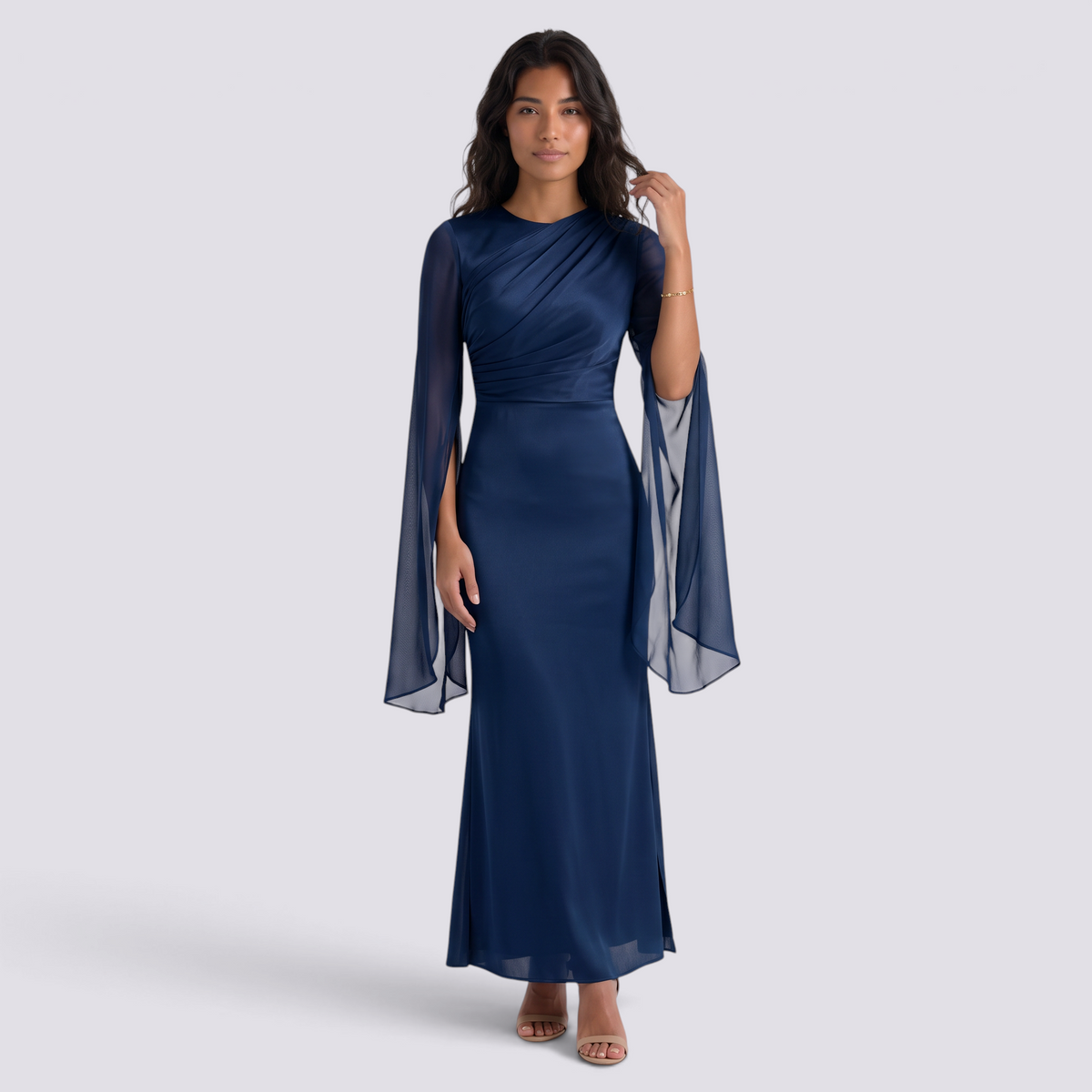 Vestido largo mujer manga acampanada satinado - Azul - vista frontal