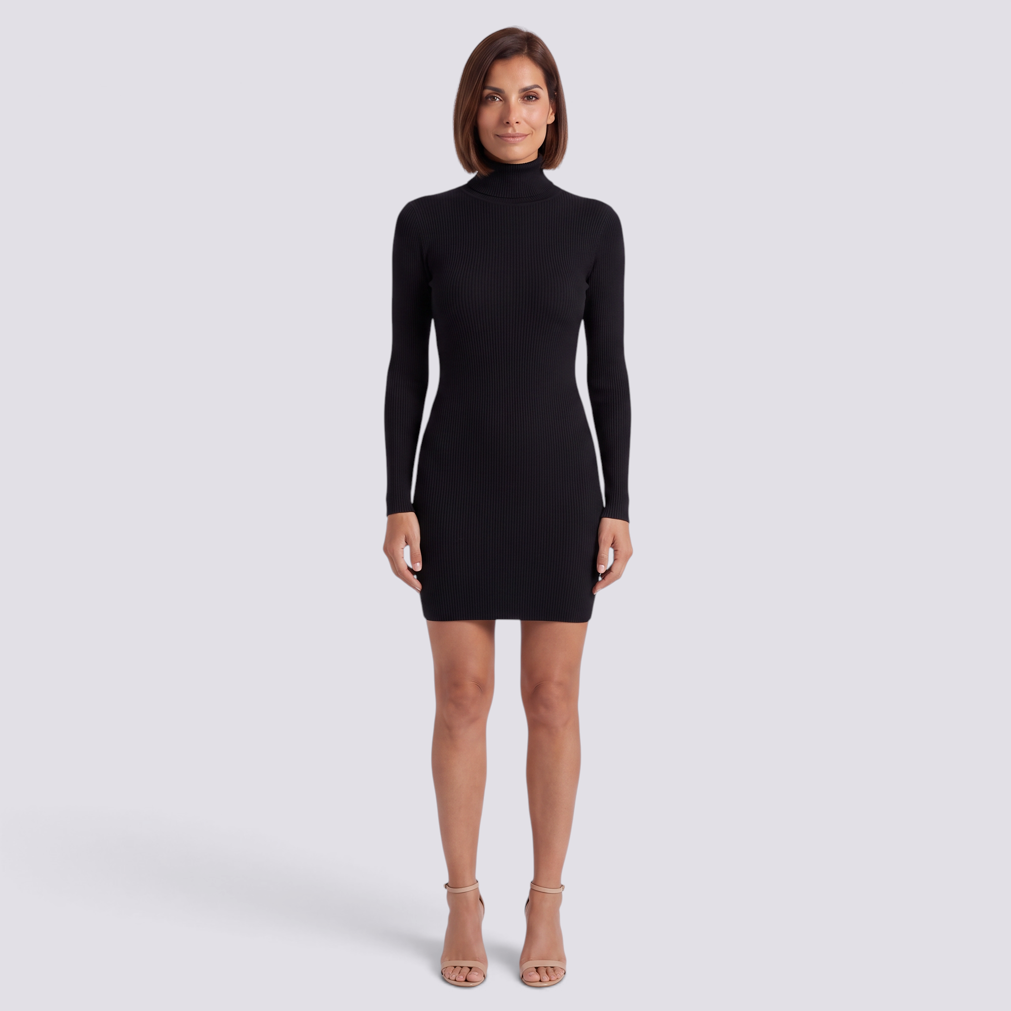 Vestido Mini Canalé Cuello Alto Mujer - Negro - Frontal