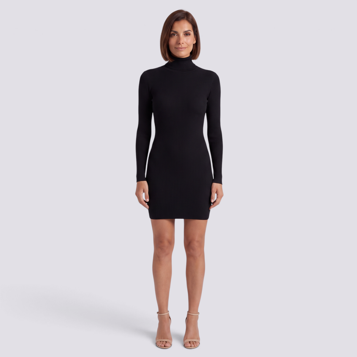 Vestido Mini Canalé Cuello Alto Mujer - Negro - Frontal