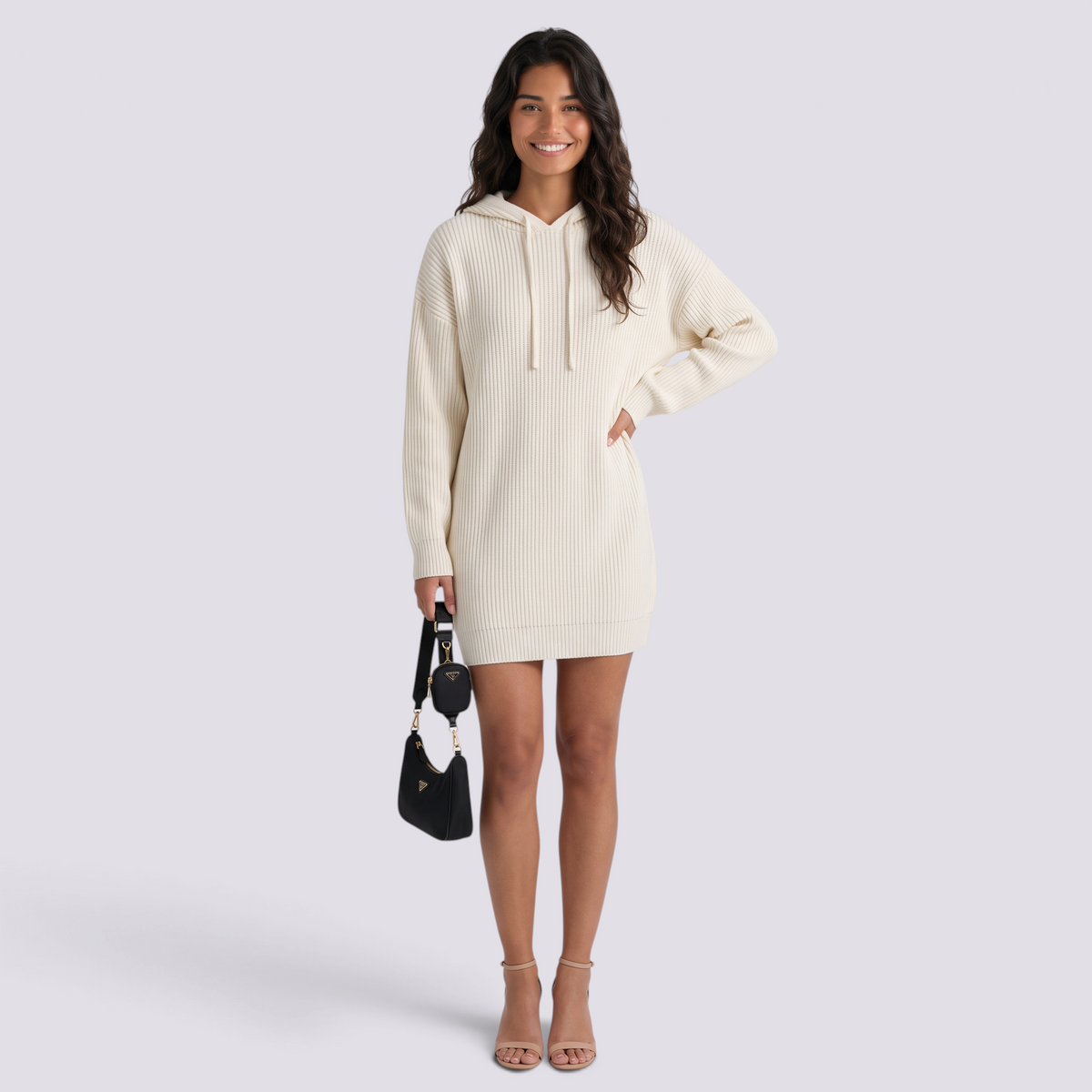 Vestido Punto Capucha Oversize Mujer Manga Larga - Blanco - Frontal