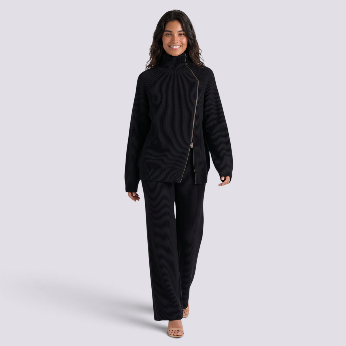 Conjunto de jersey de cuello alto con cremallera y pantalón ancho de punto negro, vista frontal