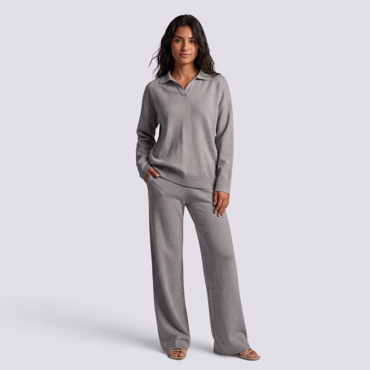 Conjunto Punto Mujer Pantalón Recto - Gris frontal